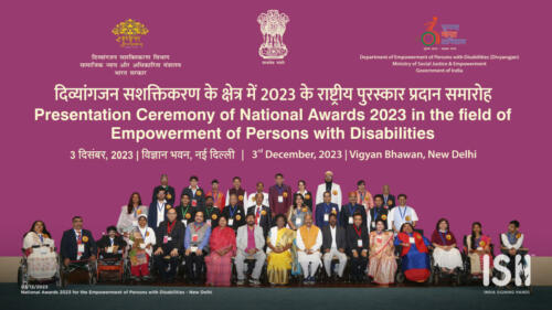 A group photo featuring all award winners, the President of India, and other Ministers.